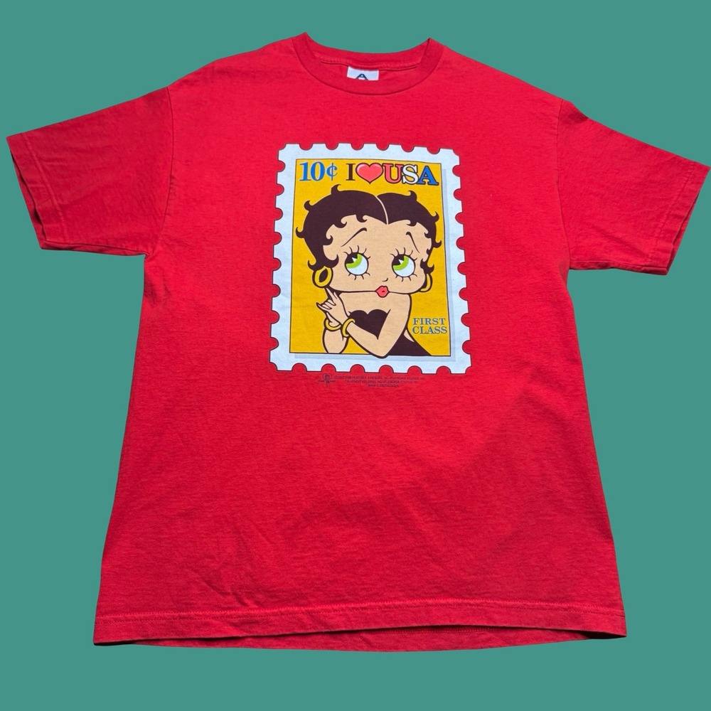 Y2K Betty Boop T Shirt Large Vintage First Class Stamp USA Red Cotton Heart
